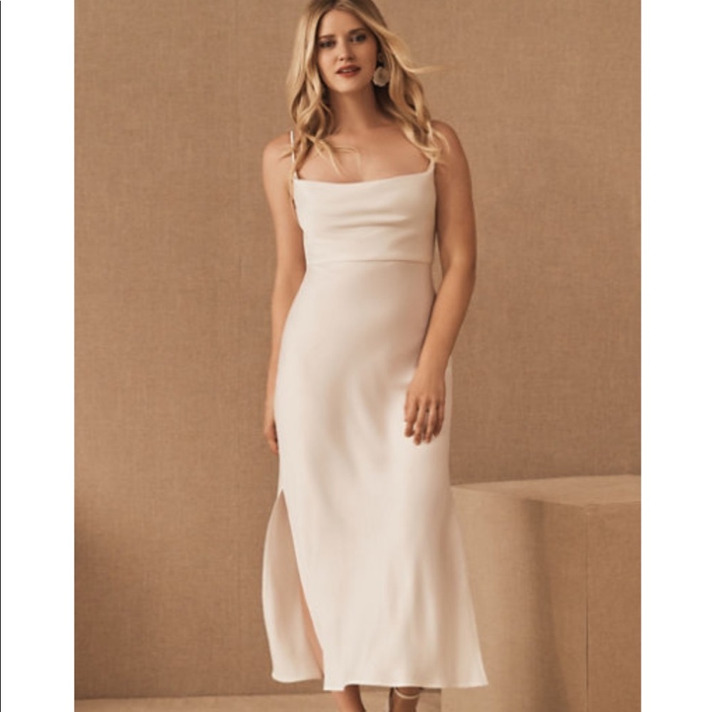 NEW BHLDN CALI SATIN CHARMEUSE MIDI DRESS IN IVORY Z336-98